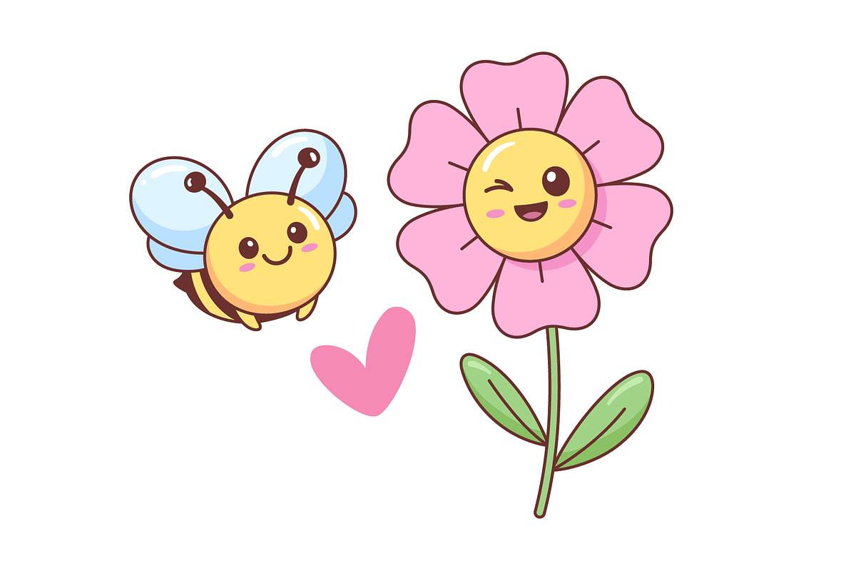 Kawaii smiling bee and flower, an Illustration by Cmeree
