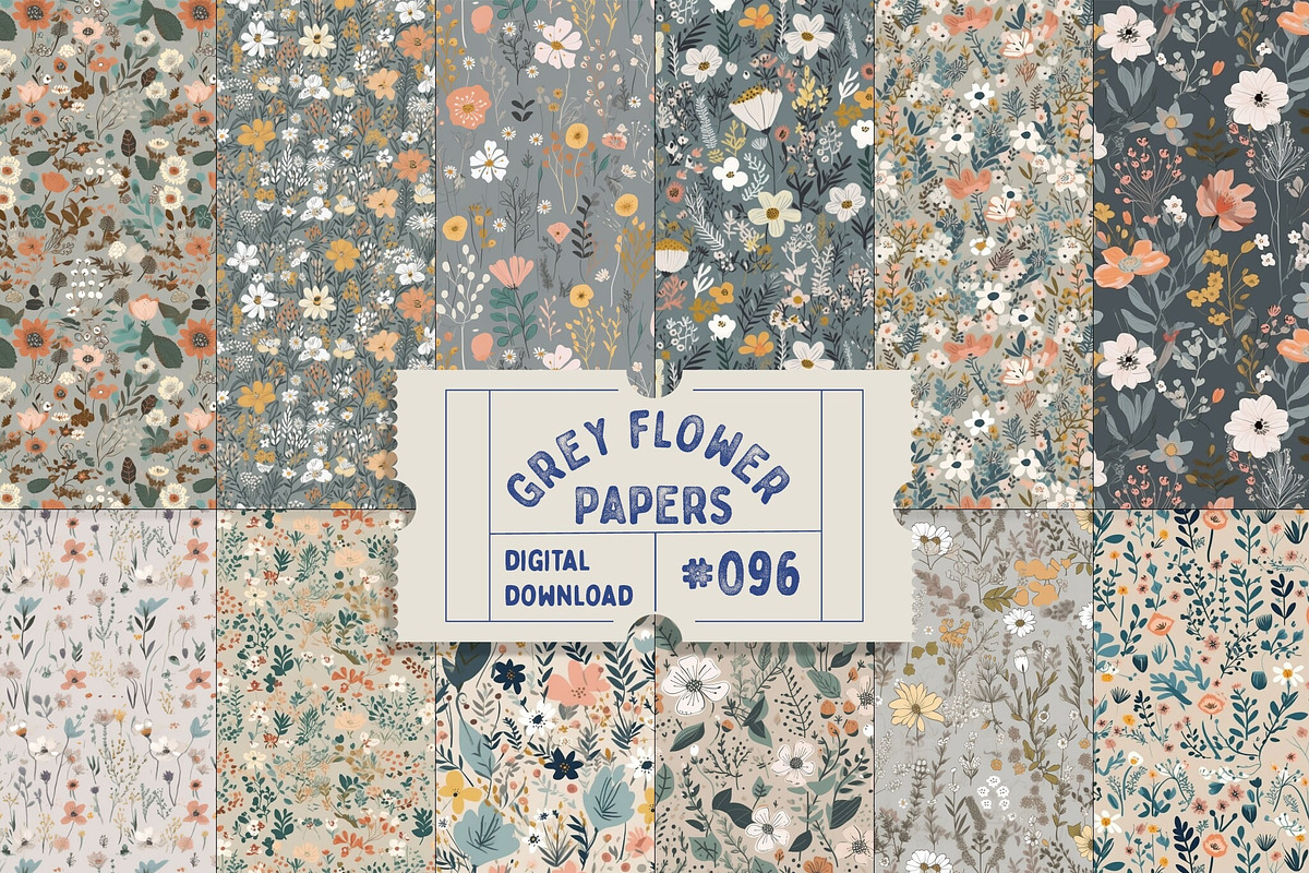 Grey Flower Seamless Pattern Papers, a Pattern Graphic by Natural Planners (Photo 1 of 3)