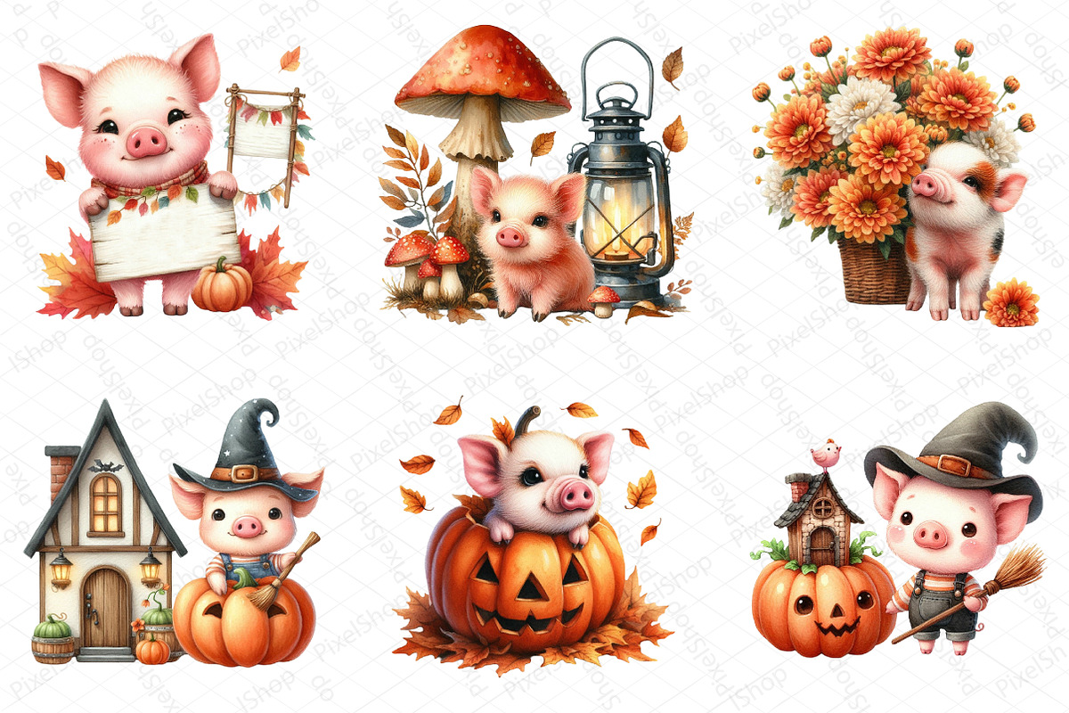 Watercolor Autumn Pig Clipart, an Illustration by DreamPrint404 (Photo 3 of 6)