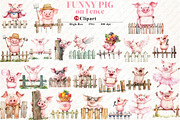 Funny Pig on Fence Clipart, an Illustration by Watercolor design (Thumbnail 1 of 12)