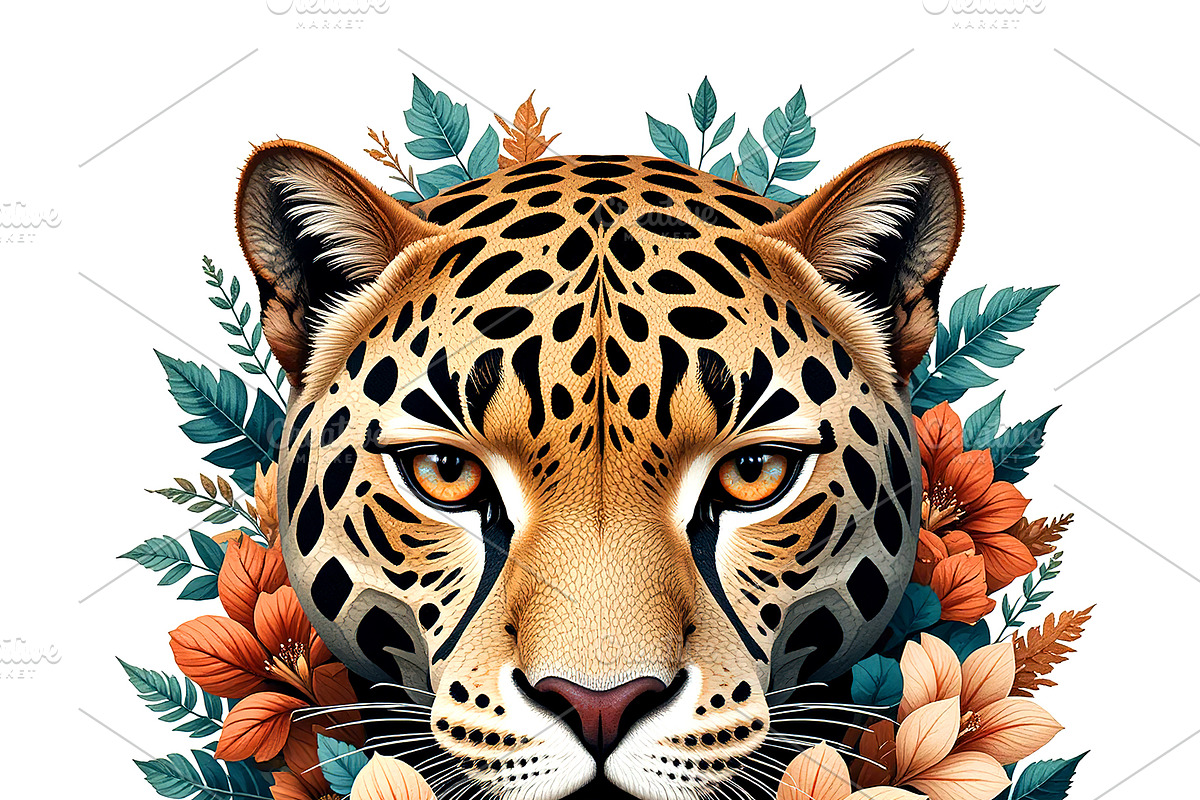Leopard's face surrounded by lush, an Animal Illustration by yod67