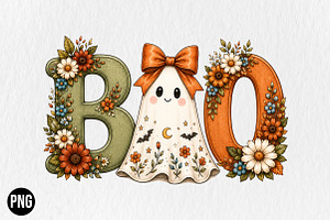 Floral Boo Ghost Halloween PNG, a Seasonal Illustration by CraftArtStudio
