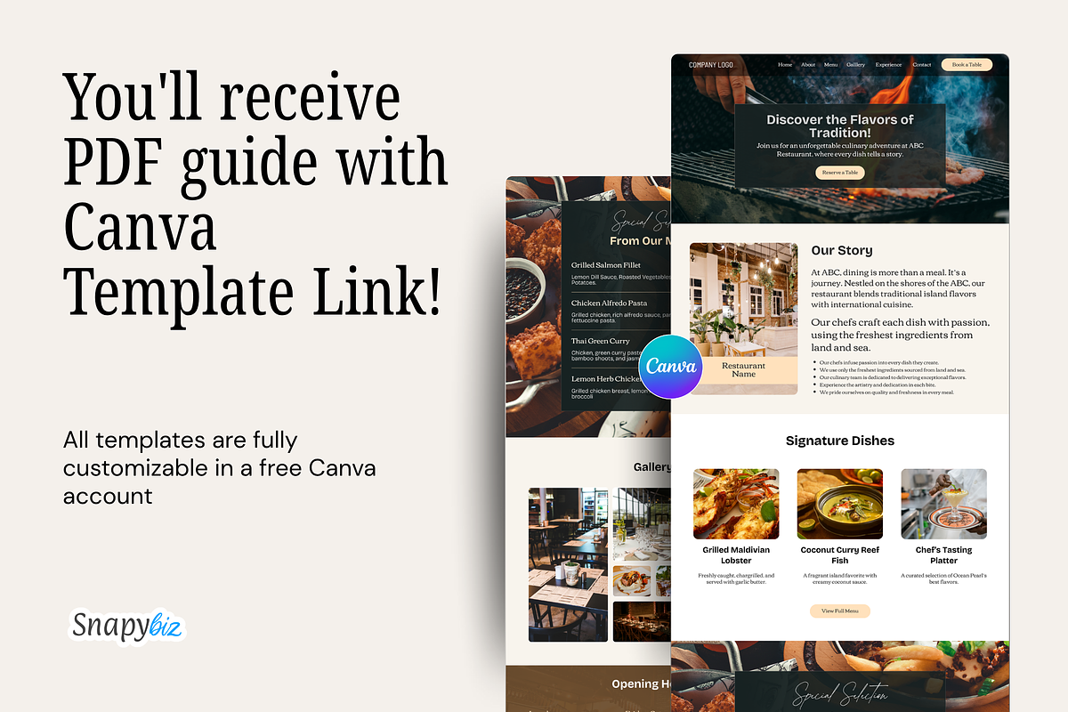 Restaurant Website Canva Templates, a Landing Page Template by Snapybiz (Photo 9 of 11)