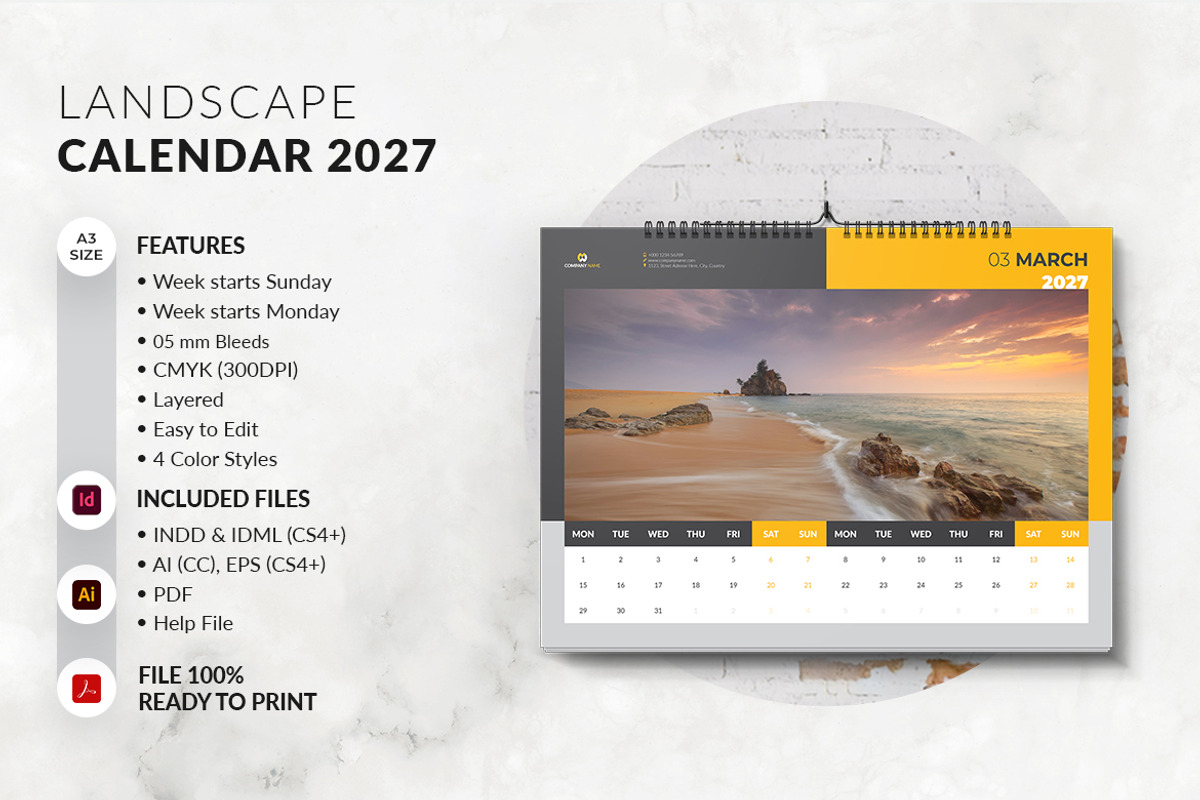 Landscape A3 Calendar 2027, a Stationery Template by MstArtwork (Photo 5 of 8)