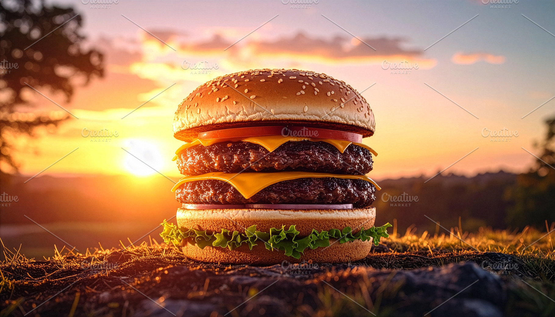 Double cheeseburger with melted cheese and fresh toppings on a rustic table at, a Food & Drink Photo by DutchDigitalDesign