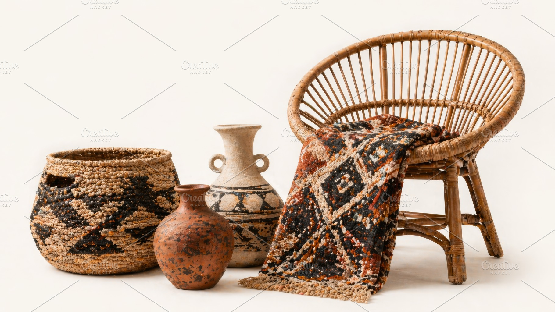 Afrobohemian home interior decor with woven items and pottery on, a Photo by Dvoevnore photos