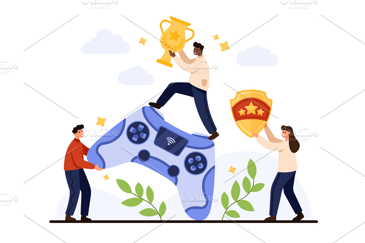Gamers Teamwork with Game Controller, a Technology Illustration by Flashvector