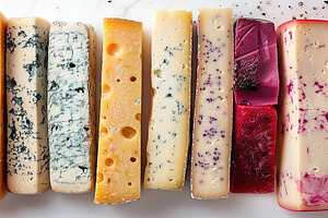 Colorful cheeses, from blue to chedd, a Photo by LOGOCREATIVE