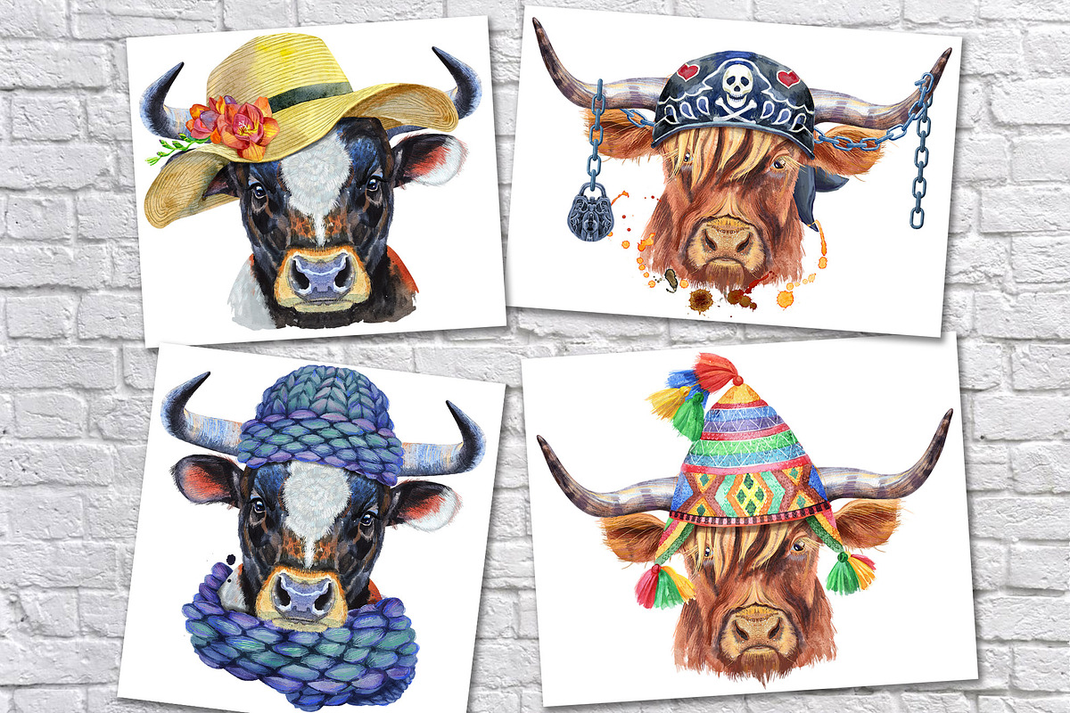 Cute watercolor bulls, an Animal Illustration by Watercolor fantasy (Photo 4 of 5)