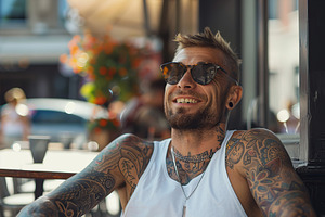 Young handsome man with a lot of tattoos on his body sitting in, a Person Photo by AlyaAnd