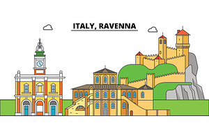 Italy, Ravenna. City Skyline, Architecture, Buildings, Streets, Silhouette, Landscape, Panorama, Landmarks. Editable Strokes. Flat Design Line Vector 