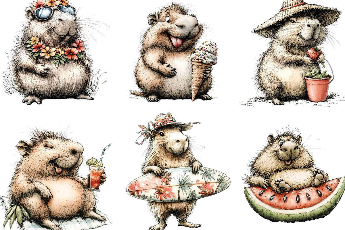 Whimsical Summer Capybara Clipart, an Illustration by Designking (Photo 2 of 3)