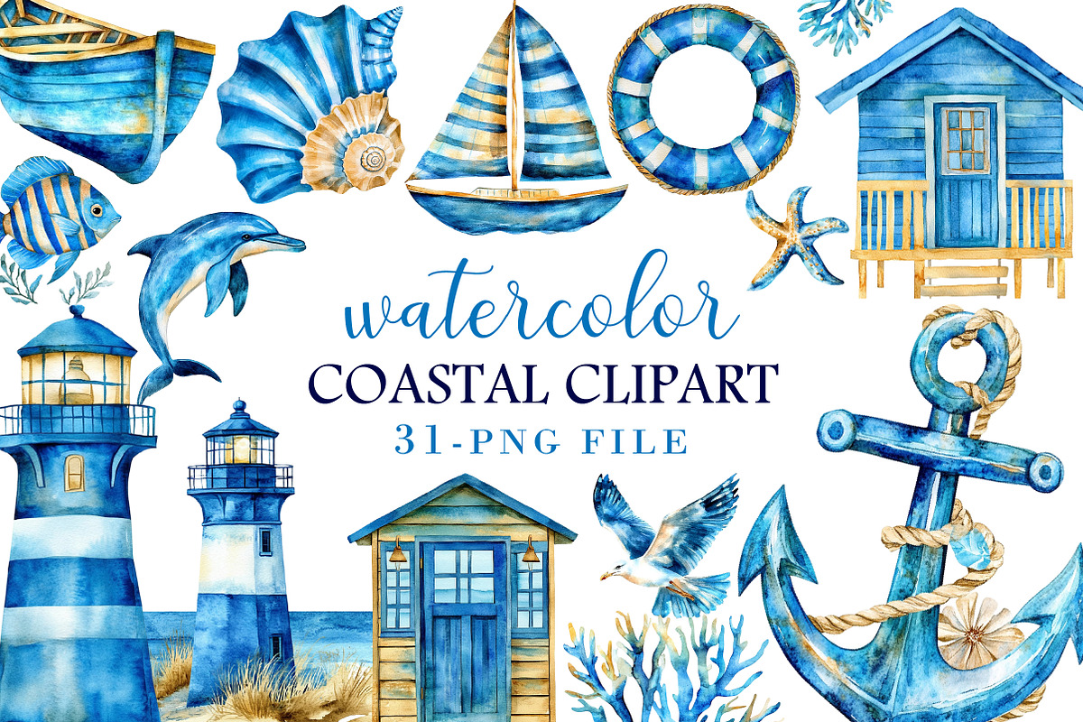 Watercolor Coastal Clipart, an Illustration by Libby Wishes (Photo 1 of 5)