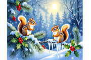 Forest Chipmunks Winter Scene, an Animal Illustration by Sharon Schwalbe (Thumbnail 1 of 2)