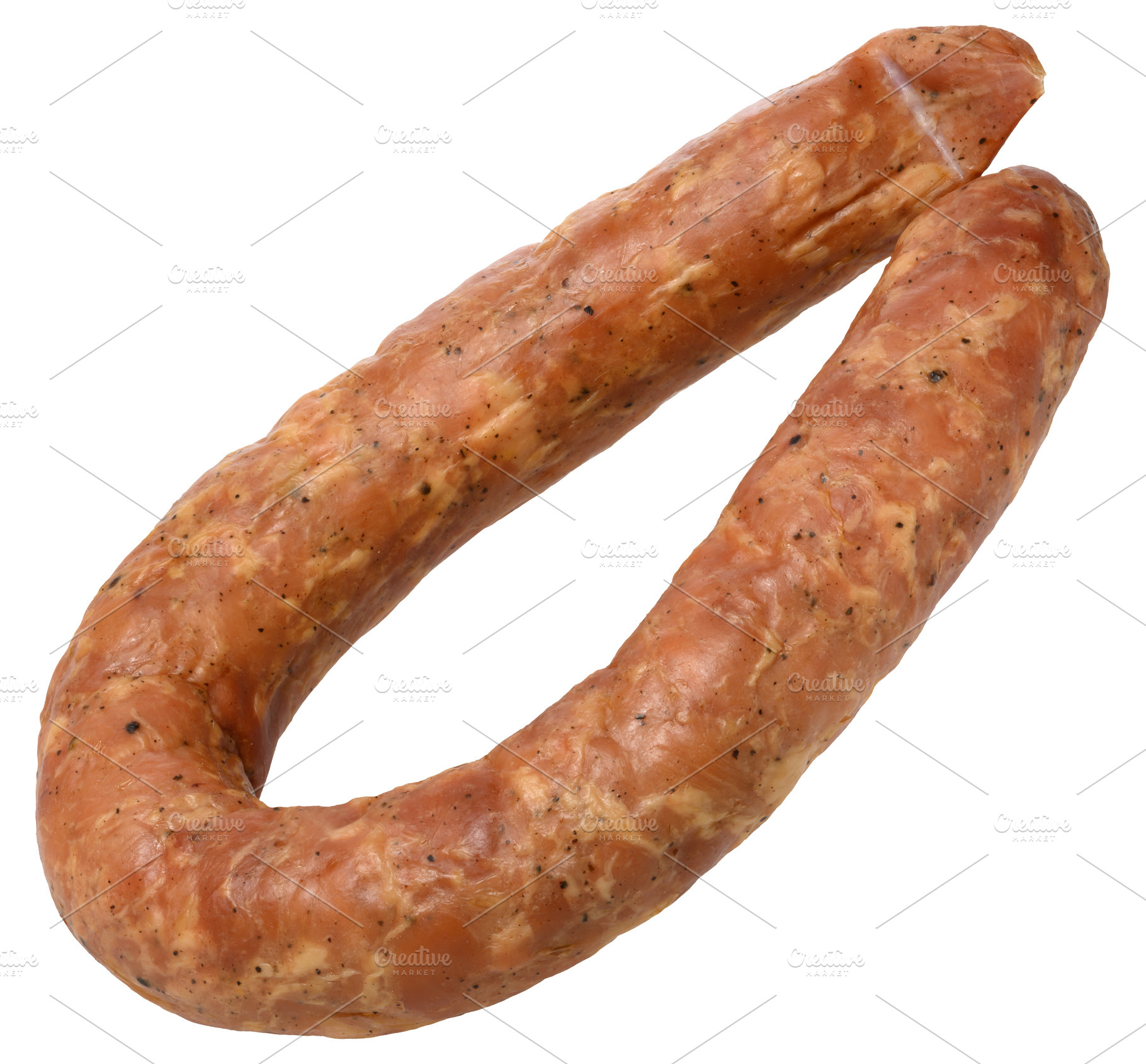 Smoked sausage with visible spices, isolated background. Delicio, a Food & Drink Photo by ndanko