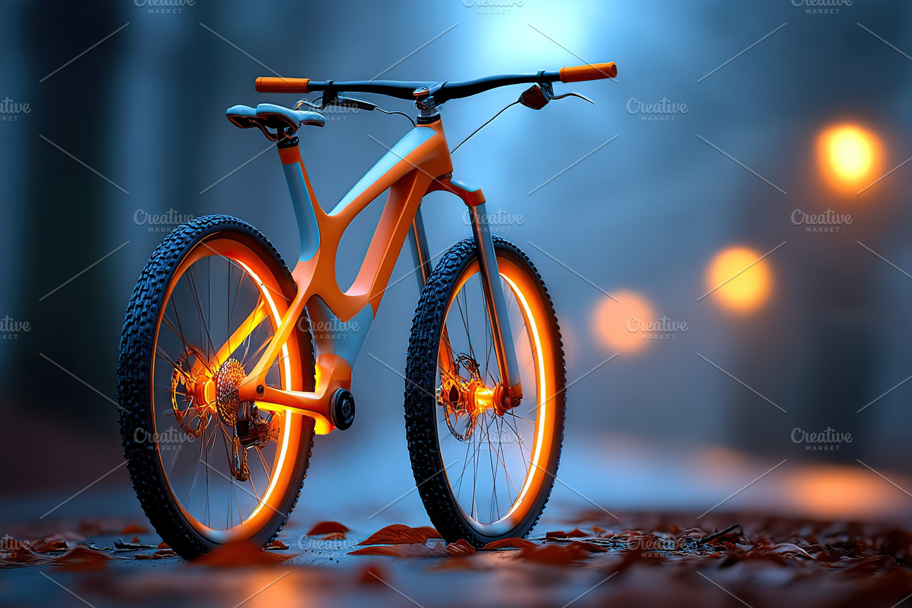 Unique mountain bike with glowing wheels on a dimly lit street in autumn, a Sports & Recreation Photo by AlyaAnd
