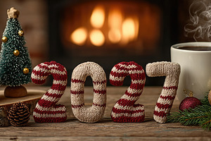Cozy 2027 New Year Holiday Scene With Knitted Numbers and Firepl, a Holiday Photo by José Manuel Gelpi