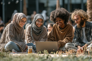 Diverse group of students studying on grass together with a laptop outdoors, a Photo by AS photostudio