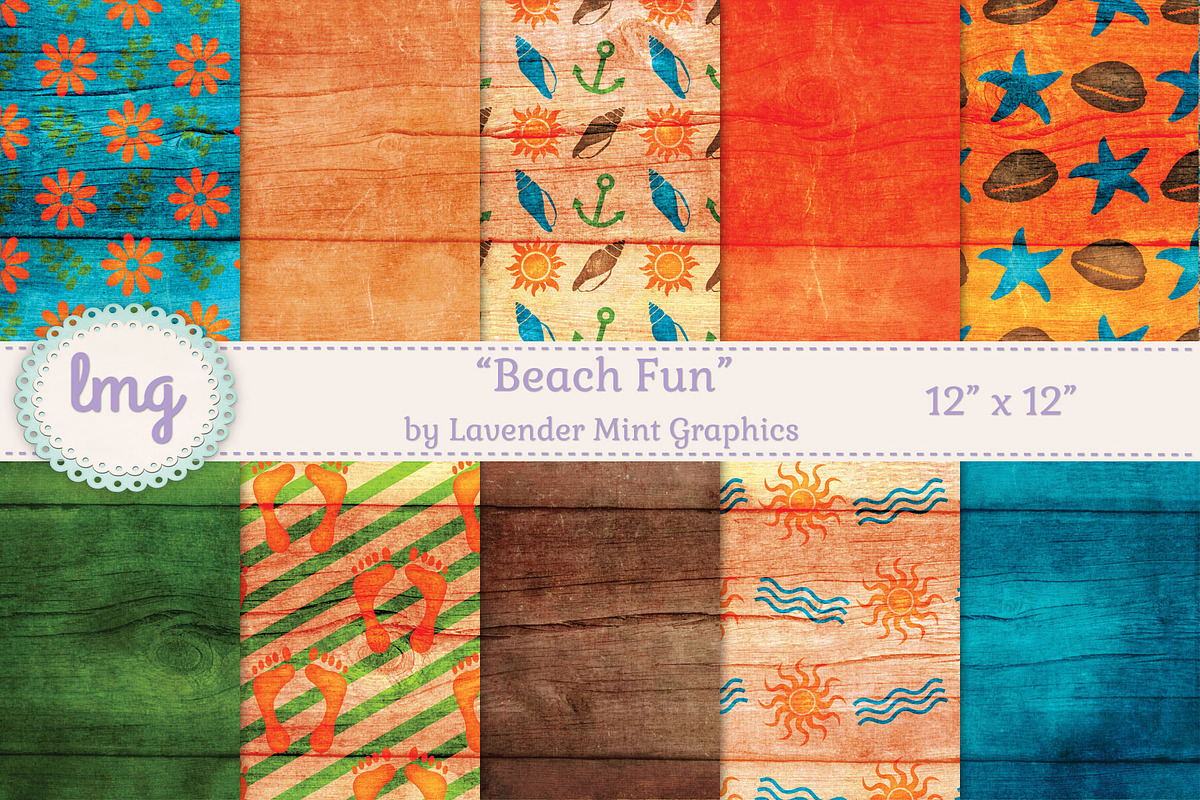 Beach Fun Digital Scrapbook Papers, a Pattern Graphic by Lavender Mint Graphics (Photo 1 of 6)