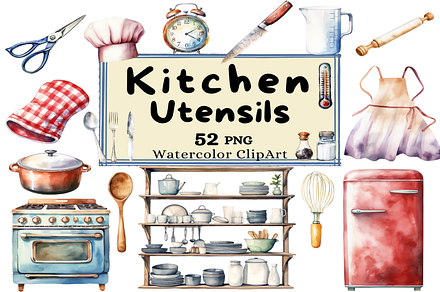 Kitchen Utensils Collection Clipart, a Food Illustration by Watercolor Digital