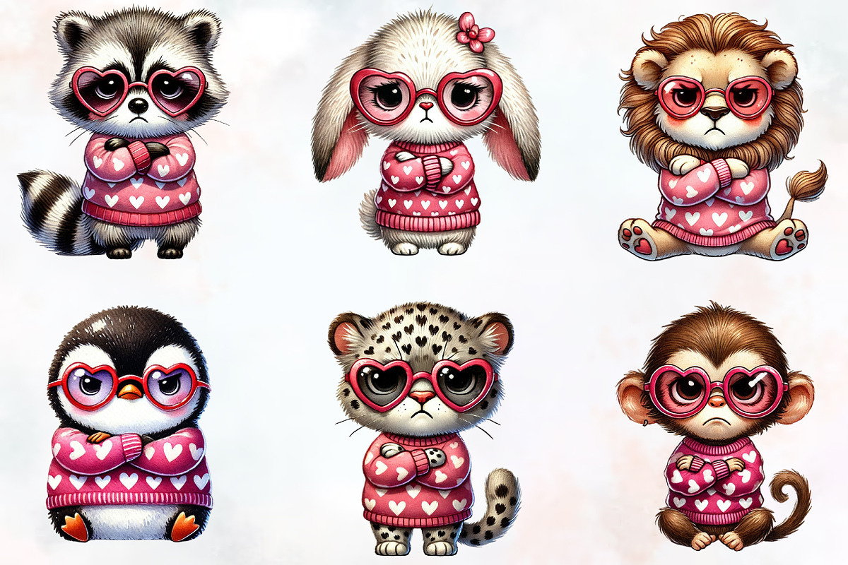 Grumpy Valentine animal clipart bund, an Illustration by RobertsArt (Photo 3 of 7)