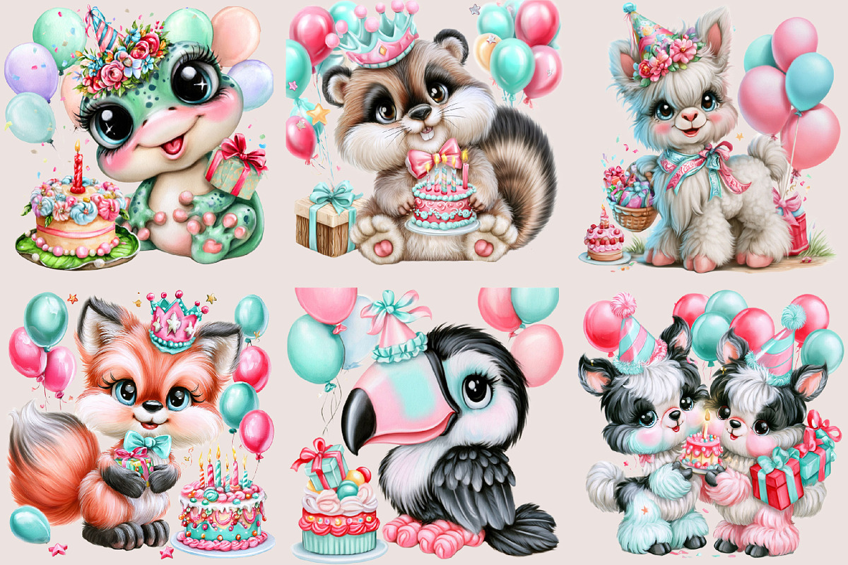 Whimsical Birthday Animals Clipart, a Seasonal Illustration by SVGArt (Photo 2 of 5)