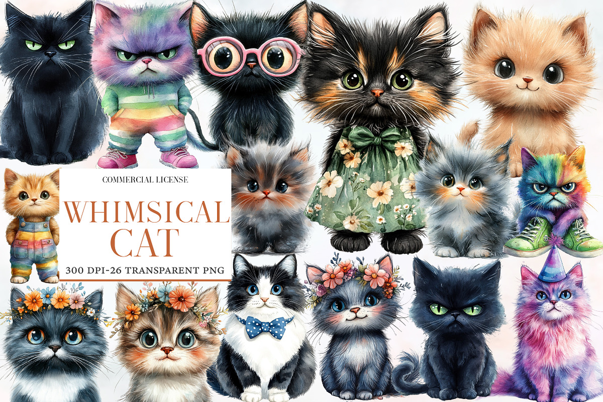 Watercolor Whimsical Cat Clipart, an Illustration by Designworld (Photo 1 of 6)