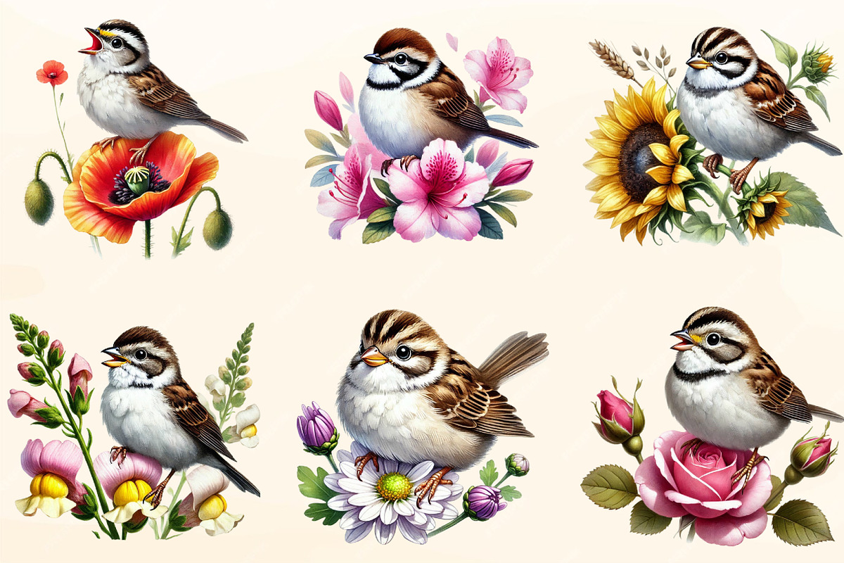 Spring Sparrow Bird Clipart, a Work Illustration by OK Design (Photo 2 of 4)