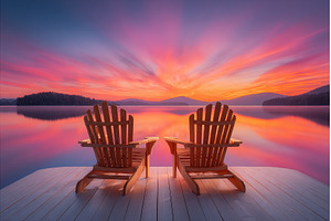 On a wooden dock, two chairs are, a Nature Photo by ZinetroN