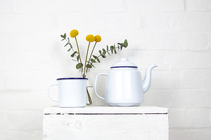 Enamel Teapot And Mugs Mockup Set