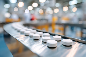 Close-up view of multiple uniform tablets on a production line in a pharmaceuti, a Photo by AlyaAnd
