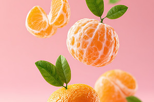 Distinct peeled mandarin wedges floating gracefully against a pink background, a Food & Drink Photo by AlyaAnd