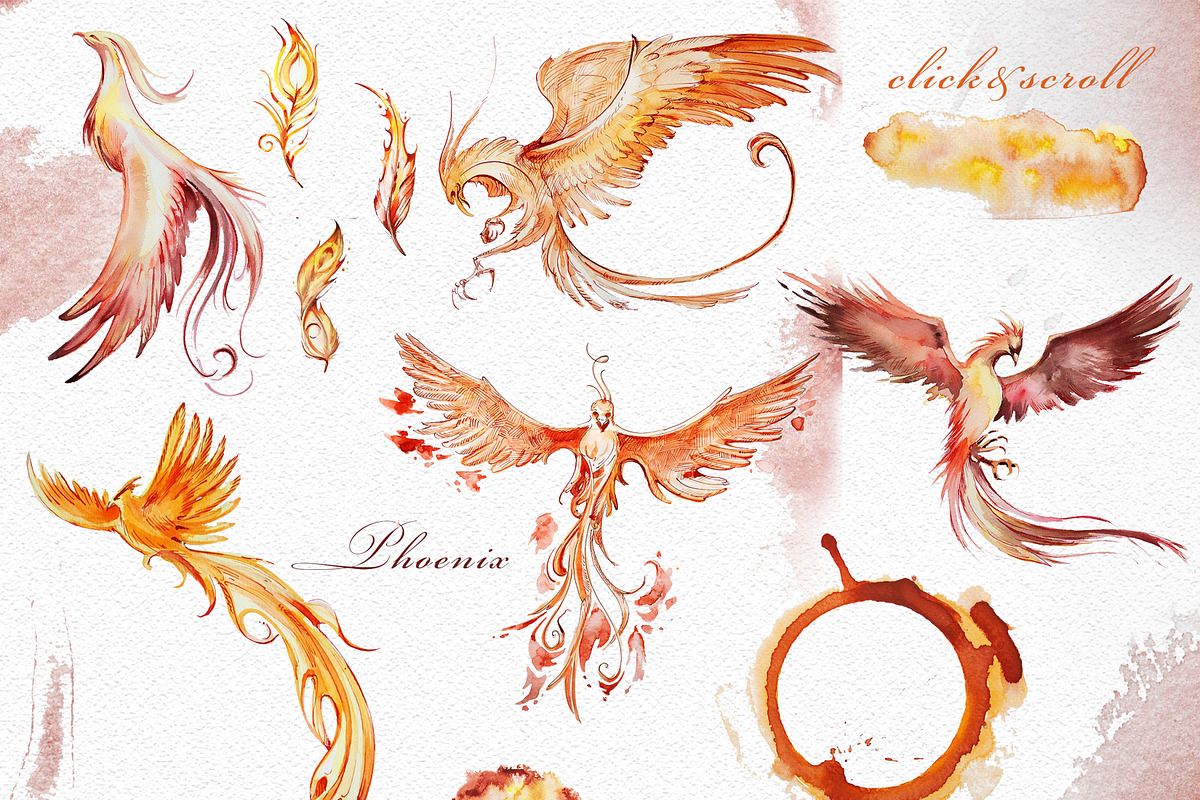 Watercolor Phoenix Clipart Set, an Animal Illustration by ArtCreationsDesign (Photo 3 of 6)