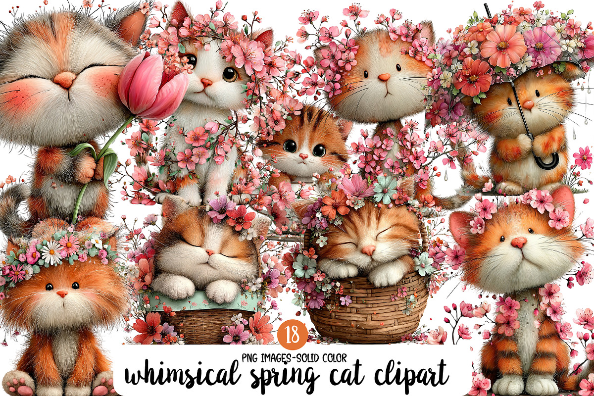 whimsical spring cat clipart, an Illustration by Designworld (Photo 1 of 4)