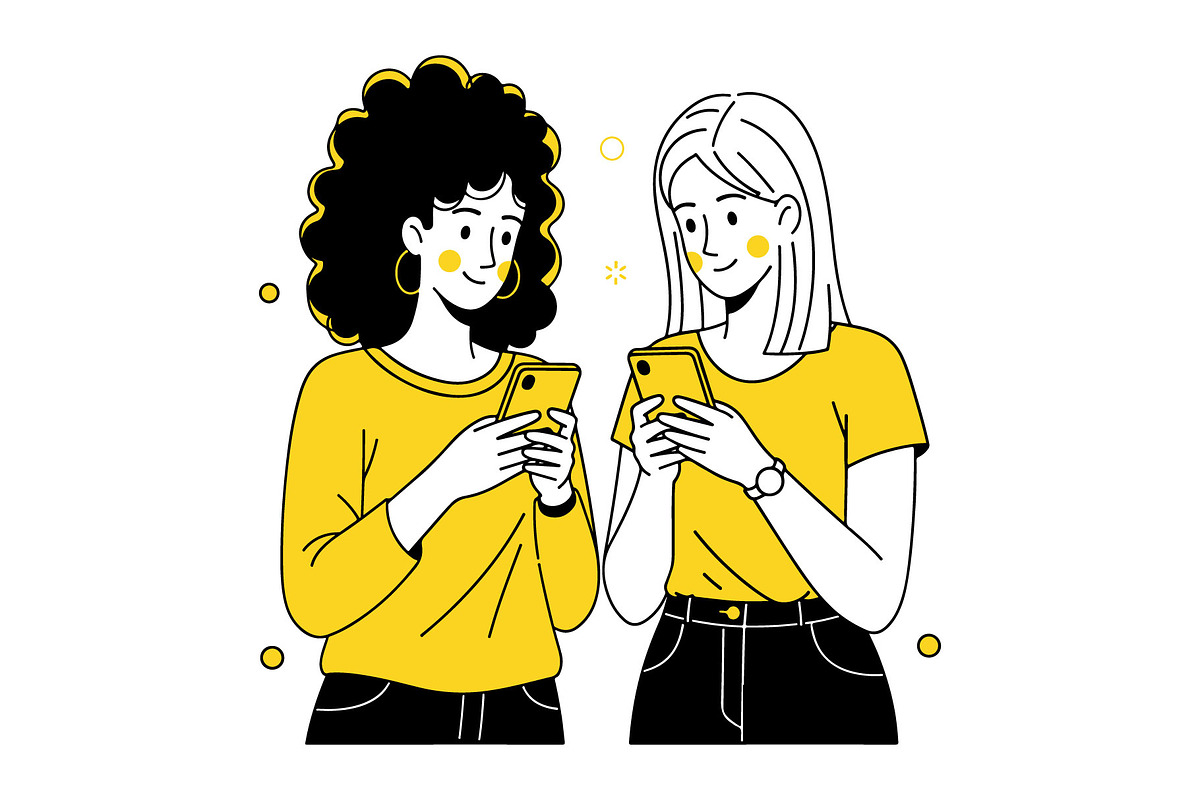 Women chatting on smartphones, a Person Illustration by MkStudio