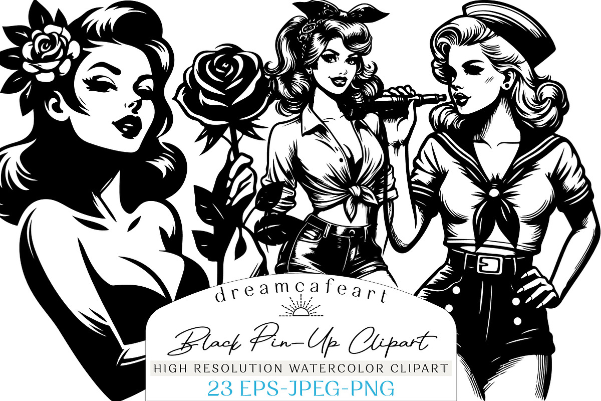Ink-Drawn Black Pin-Up Clipart, an Illustration by DreamCafeArt