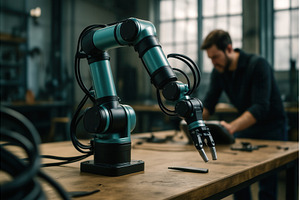 A robotic arm on a workbench with a, an Industrial Photo by Sergey Kotenev
