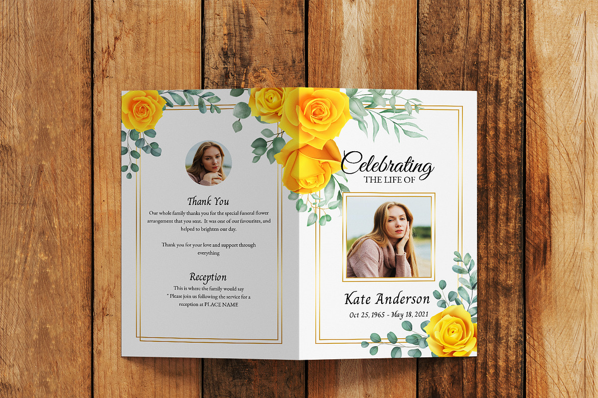 Canva Yellow Rose Funeral Program, a Brochure Template by SmmrDesign (Photo 3 of 5)