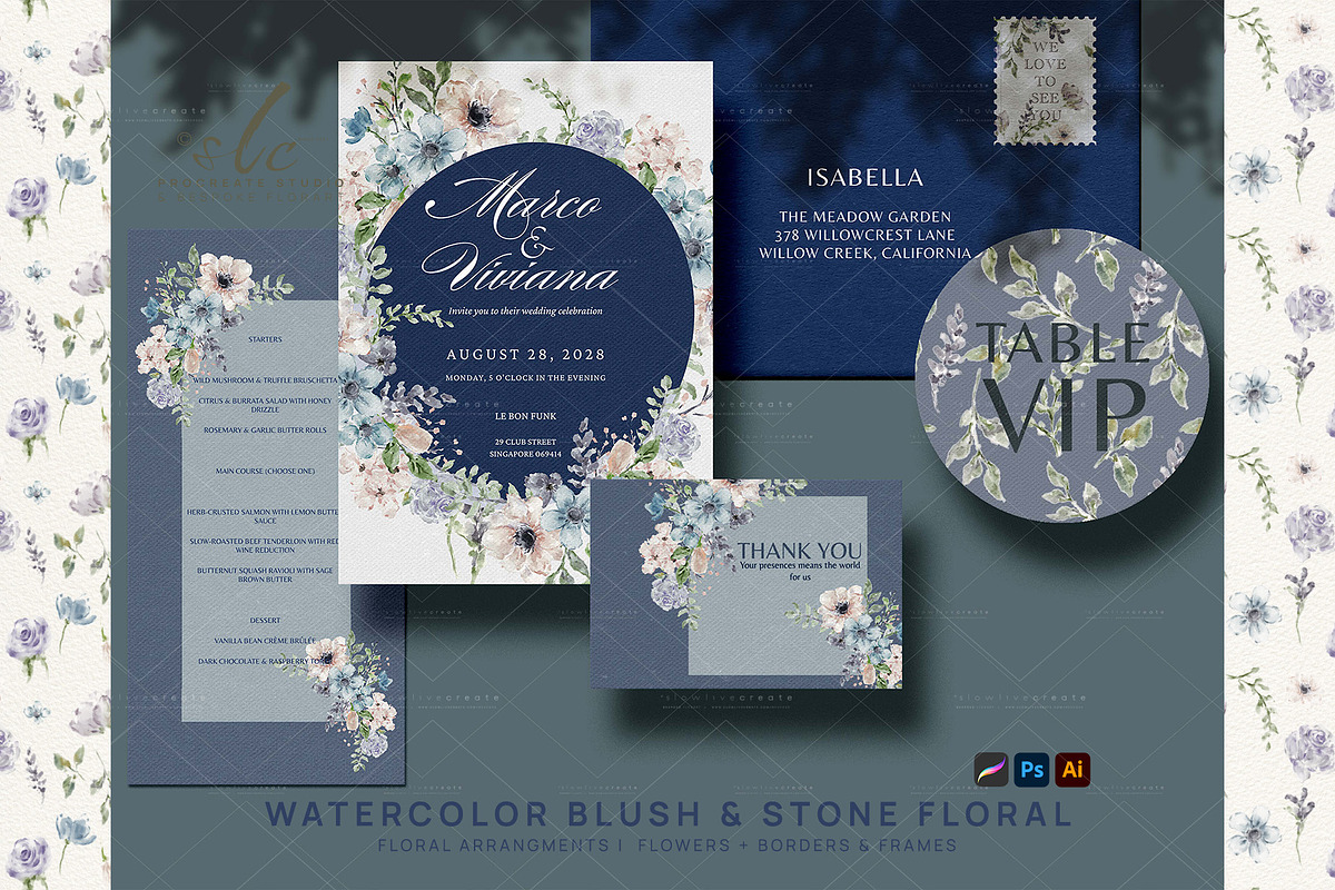 Blush & Stone Watercolor Flowers, a Decorative Illustration by slowlivecreate (Photo 4 of 6)