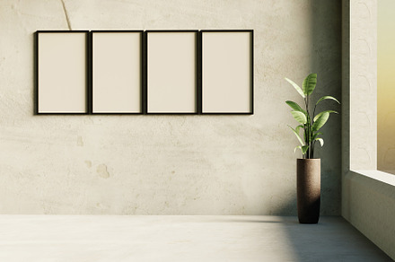 Minimalist empty room with concrete wall and floor and indoor green plants. Moc, a Wallpaper Photo by RF Images