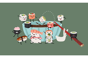 Cute cartoon sushi and rolls, a Food Illustration by Stock-Smart-Start