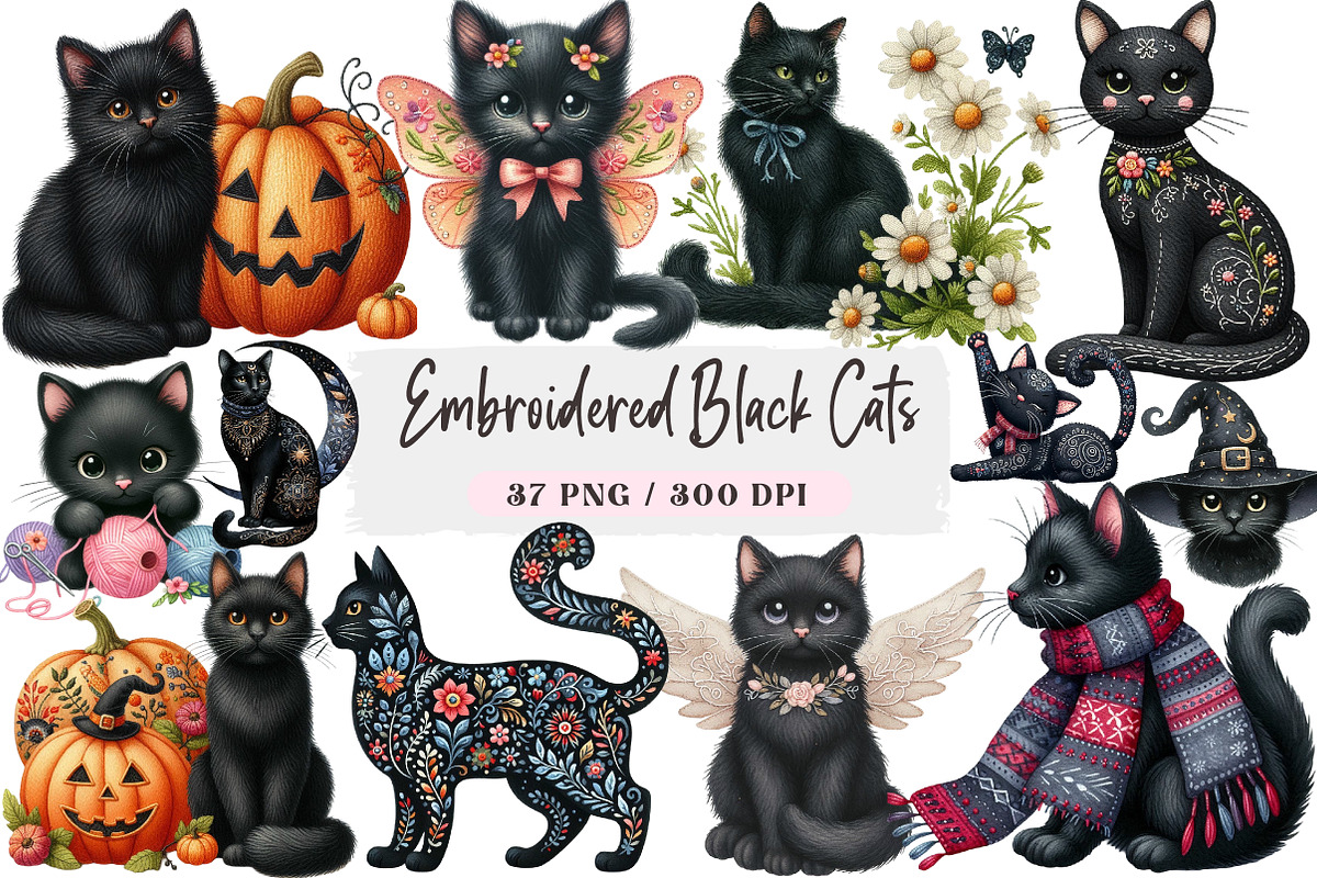 Embroidered Black Cats Clipart, an Illustration by DreamArtGraphic (Photo 1 of 4)