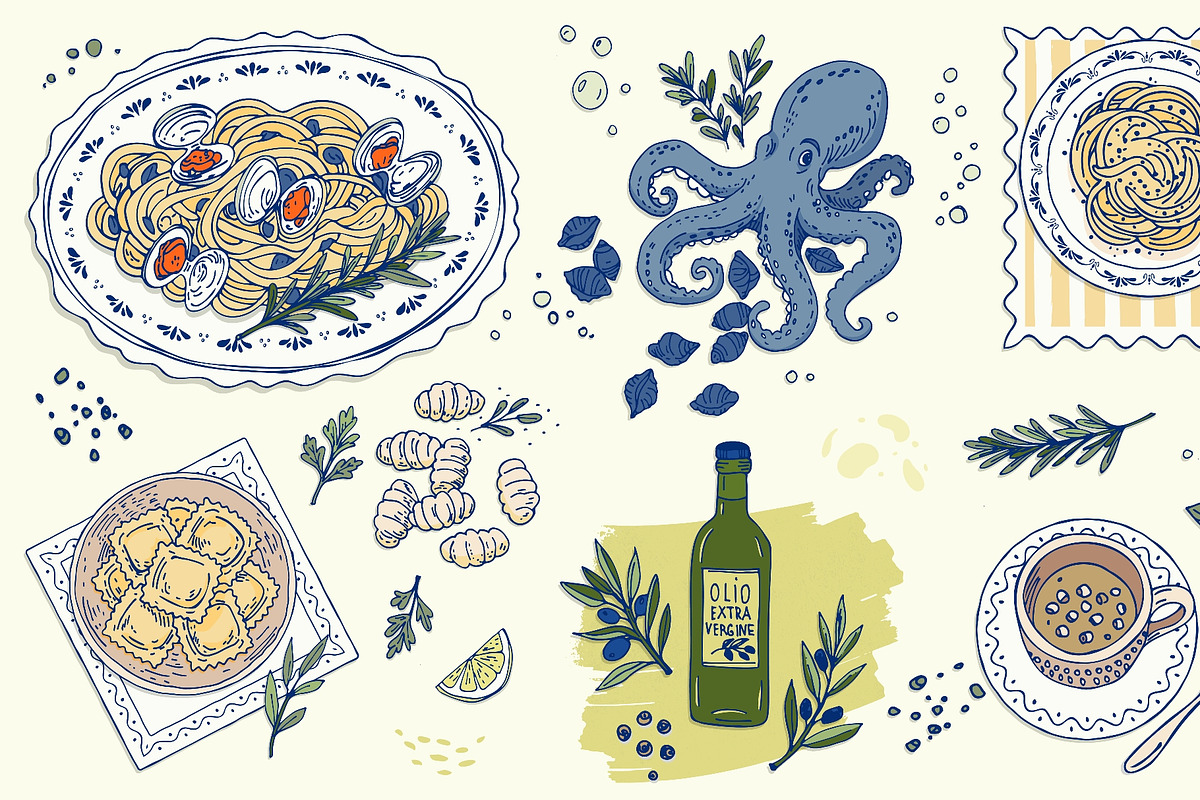 Hand drawn italian seafood pasta set, a Food Illustration by Zimages (Photo 3 of 3)
