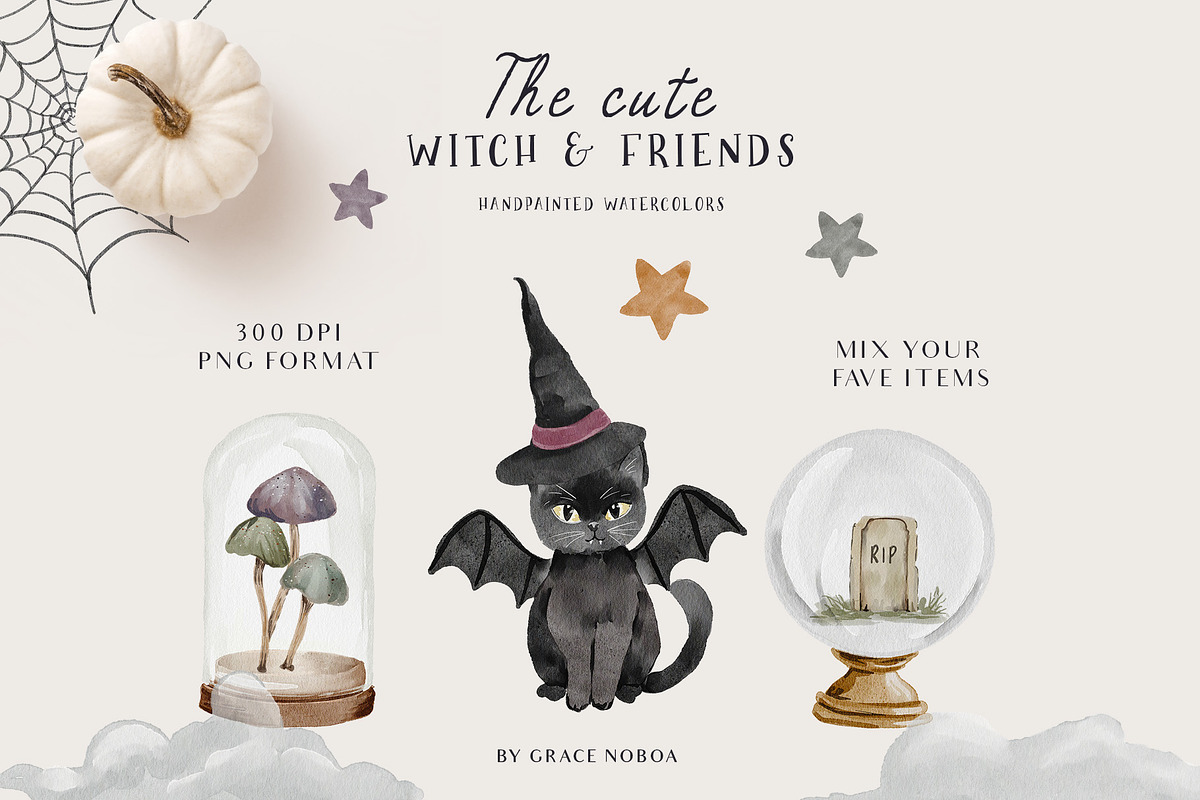 Cute Halloween watercolor clipart, a Seasonal Illustration by Grace Noboa Illustrations (Photo 11 of 12)
