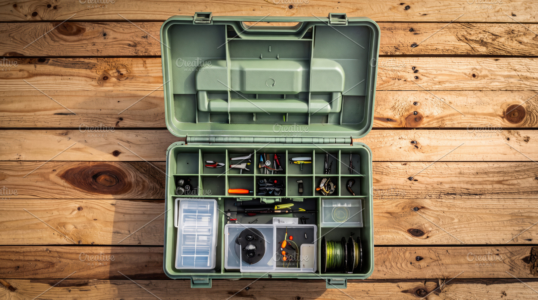 Organized Fishing Tackle Box on Rustic Wooden Table, a Sports & Recreation Photo by Davizro's Market