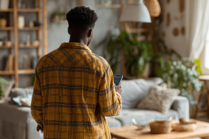 Man using smartphone in living room, a Photo by Pixeness Studio