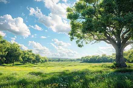 Lush green field under blue skies wi, a Photo by LOGOCREATIVE