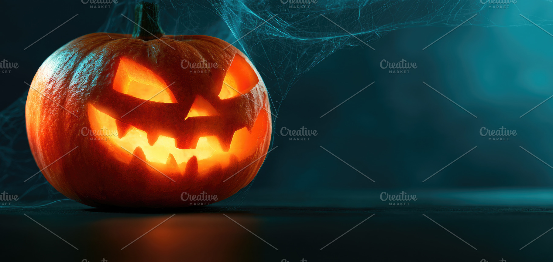 Glowing jack o lantern with cobweb on dark Halloween background, a Person Photo by José Manuel Gelpi