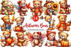 Watercolor Autumn Teddy Bear Clipart, an Illustration by Watercolor design