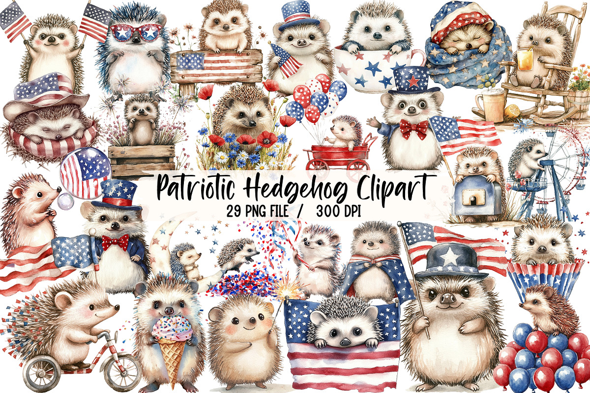 Patriotic Hedgehog PNG Clipart, an Illustration by Libby Wishes (Photo 1 of 6)